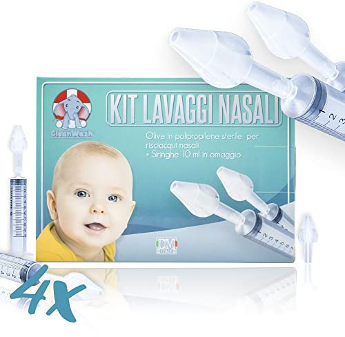 clean wash ,Kit per lavaggio nasale, 4 olive + 2 siringhe, Made in italy, olive con siringa per lavaggi nasali bambini e adulti, dispositivo medico certificato da usare con soluzione fisiologica