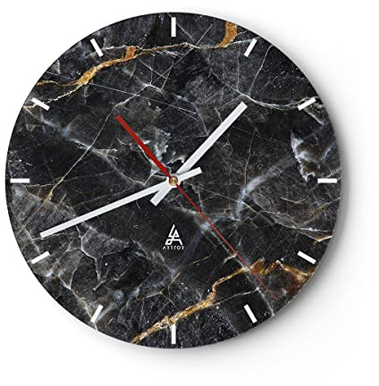 Modern Wanduhr Marmor Stein Schwarz 40x40cm Rund Groß Wand Uhr Glas Analog Zimmeruhren Küche Büro Wohnzimmer Glasuhr Wall Clock Dekoration Design Wanddekoration Küchenuhr C3AR40x40-4899