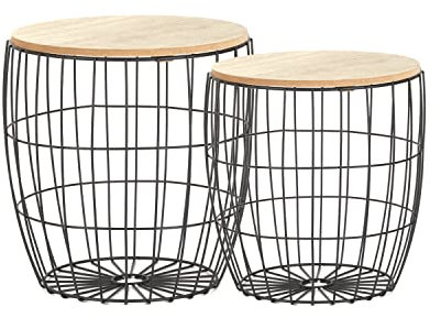 Ribelli Metalltisch schwarz – Holzplatte auf stabilem Metallgestell – Nachttich Beistelltisch ideal für Wohnzimmer, Schlafzimmer, Büro und Co. – Zwei Tische im Set (2er Set Braune Platte Rund)