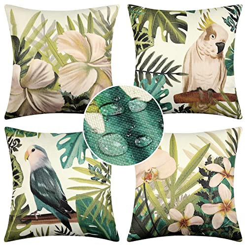 Hanrunsi wasserdichte Kissenbezüge 45 x 45 cm Tropischer Regenwald Grünpflanze Blume Dschungel Papagei Vogel Dekorative Kissenbezüge aus Leinen Quadratische für Couch, Auto, Dekoration, 4er-Set