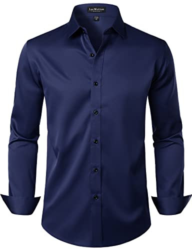 LucMatton Herren Kleid Hemd Formal Stretch Faltenfrei Langarm Slim Fit Button Down Shirts für Hochzeit Party, Marineblau, Klein