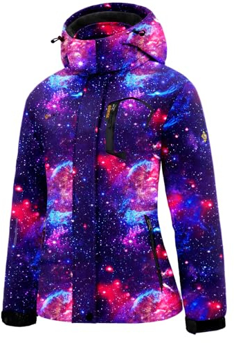 GEMYSE Damen Skijacke Wasserdicht Fleece Winterjacke Winddicht Schneejacke mit Kapuze für Outdoor Aktivitäten und Sport(Marineblauer Stern,L)