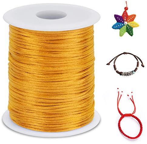 LEREATI 2mm Filo Nylon per Braccialetti, 100m Cordoncino per Braccialetti Cordoncino Natalizio Coda di Topo Cordoncino, Macrame Corda per Collane Perline Gioielli Fai da Te (Giallo Oro)