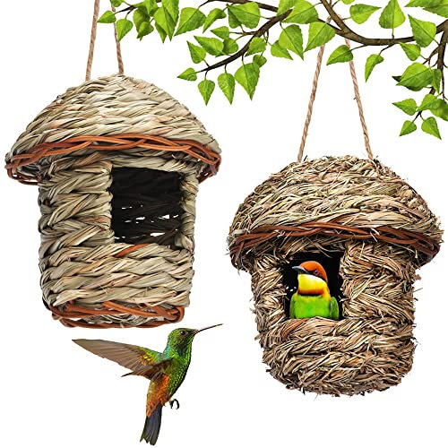 2 Piezas Nido de Pájaro Colgante, Tejidas a Mano Hierba Nidos para Pajaros, Nidos de Pájaros, Materiales Naturales, Casa de Paja Natural Pájaros, para Loros, Canarios, Pájaros Negros
