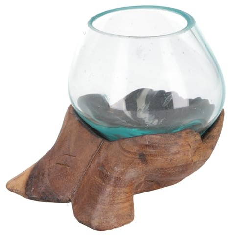 Vase, mundgeblasenes Glas Teelichtglas auf Händen, dekorativ, Teak S | Individuelles Design, ideal für Blüten oder Teelichter, massive Verarbeitung, kleine Bläschen im Glas möglich.