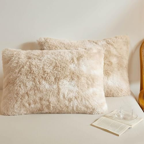 Michorinee 2er Set Flauschige Zierkissenbezüge 40 x 80 cm Tie Dye Gedruckt Beige Dekokissen Langhaar Kunstfell Zierkissen Dekorativ SofaKissenbezug Fellimitat Kissen Kissenbezug