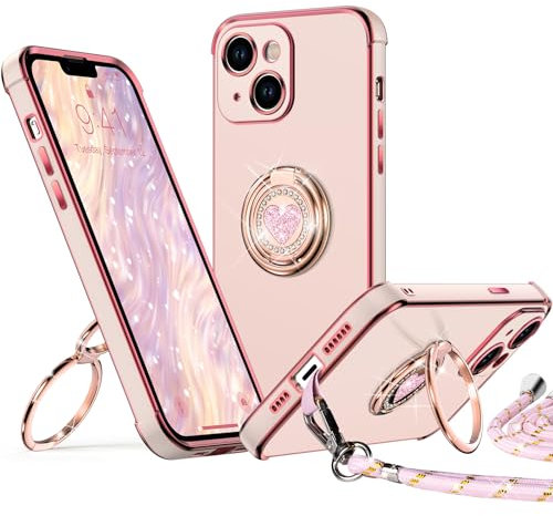 XYZ for iPhone 14 Case with Stand, Heart Lanyard for Girls Women, Luxury Cute Bling Protective Phone Cover for iPhone 14, Pink
