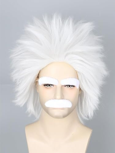 LeMarnia Herren Weiß Kurze Lockige Perücke und Bart Verrückte Wissenschaftler Perücke Halloween Kostüm Cosplay Perücke