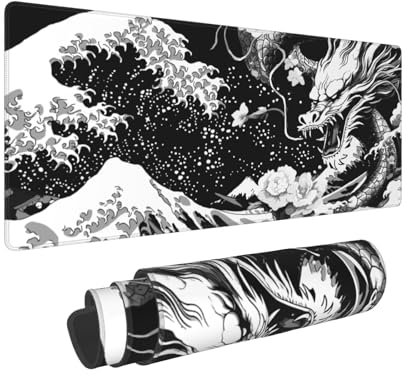 Black White Japanese Sea Wave Dragon Large Mouse Pad 31.5x11.8 XL Cool Design Style Extended Mousepad Keyboard Mouse Mat Desk Pad with Non-Slip Rubber Base Stitched Edges for Home Office Game