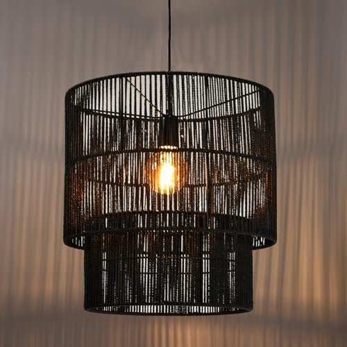 LQWELL® E27 Hängelampe, Retro Pendelleuchte Hängeleuchte 1 Flammig, Linen Schwarz Braun Kronleuchter für Wohnzimmer Schlafzimmer Esszimmer Bar Hotel Geschäft Studio Cafés