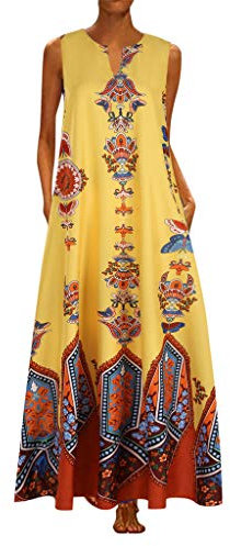 Damenkleid, lang, Blumendruck, Maxikleid, Boho-Kleid, mit Taschen, ohne Ärmel, große Größe, schick und glamourös, Sommer, A-Linie, Urlaub, Sundress mit V-Ausschnitt, elegant, günstig, gelb, 52