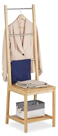 Relaxdays Valet de Chambre, en Acier Inoxydable et Bambou, H x L x P : 133 x 40 x 42 cm, Nature et argenté
