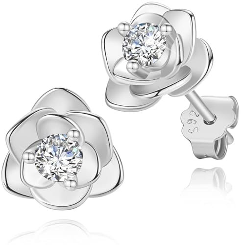REQAG Ohrstecker Silber 925 Klein Rose Blumen mit Zirkonia Silber Gold Rosegold Ohrringe für Damen Mädchen, 1 Paar Ohrringe Silber Zierliche Knorpel Tragus Helix(Silber)