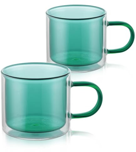VanEnjoy Double Wall Glass Coffee Mugs, Set of 2, Green, Borosilicate Glass, Aesthetic Espresso Cups, 10oz