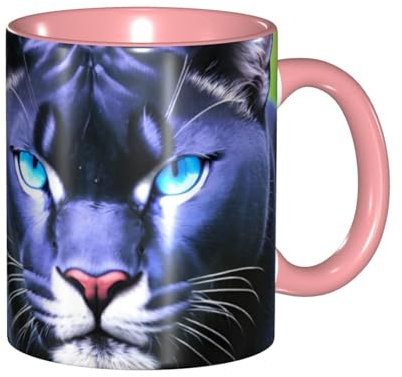 Pinke klassische Tassen, Keramiktasse, geeignet für Cappuccino, Latte, Müsli, Joghurt, Milch, heiße oder kalte Getränke, Mikrowellenofen, Panther mit blauen Augen