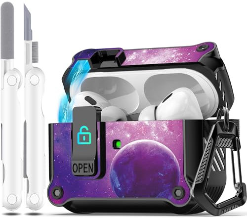 R-fun Compatible with AirPods Pro 2nd Generation 2023(USB-C),2022(Lightning Cable),1st Gen 2019 Charging Case, Full Drop Protection Auto Pop-Up Lid Design with Keychain,Star Sky