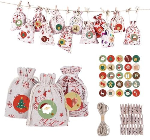 ANBOO Christmas Calendar Bags Adventskalender zum Befüllen, 24 Weihnachten Geschenkbeutel mit Kordelzug, Adventskalender 2024 Für Kinder, Weihnachtskalender Stoffbeutel Groß