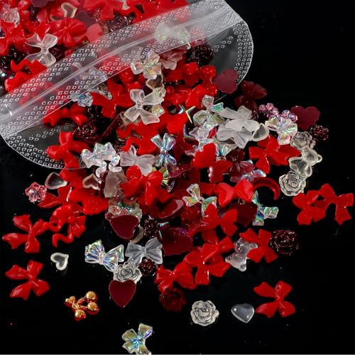 3D Nail Charms, 400 Pcs Multi Shapes Flower Bow Bear Heart Art Charms Rhinestones Gems Resin Decorations Accessories Jewels for Nail Design DIY Crafts (Red)