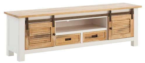 Woodkings TV-Bank Capera | 180 cm aus Massivholz Pinie | Wohnzimmer Lowboard Weiß Braun | Rustikales Design mit Schiebetüren