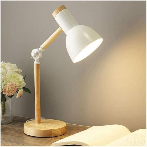 LIMIOFAQ Bedside Table Lamp, Modern Wood Desk Lamp with Metal Shade, Adjustable for Office, Study, Bedroom, Living, Kids Room, Reading, White