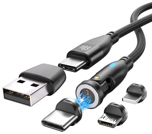 VISAGLOR Cable de carga magnético USB C de 9 pines, 2 m, 360 ° y 180°, carga rápida PD60W, 6 en 1 USB C/A a tipo C, cable magnético para tipo C/Micro USB/i-Products/Galaxy S22/S23/S23