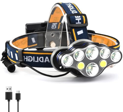 MODOAO 8 LED Stirnlampe Superheller Wiederaufladbare Superhelle Stirnlampe 8 Modi Kopflampe mit COB Rotem Warnlicht IPX4 Wasserdichte Stirnlampe (1 Pack)