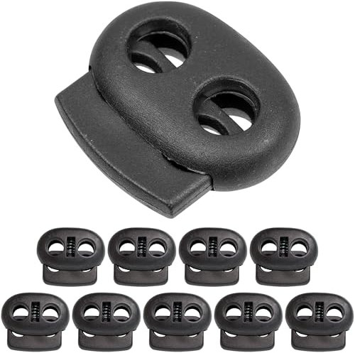 Fermacorda, 2 fori, 10 pezzi, nero, per cordoni fino a Ø 7 mm, clip a nastro per giacca, abbigliamento, zaino, fermacorda elastico, lacci a sgancio rapido, guida per cordoni, fermacorda Tanka