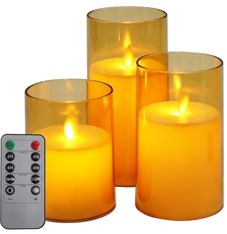 Rinwywey Gold LED Candle 3-Pack with Remote Timer, Battery Operated, Realistic Fake Candle for Party Wedding Festival Tabletop Decoration