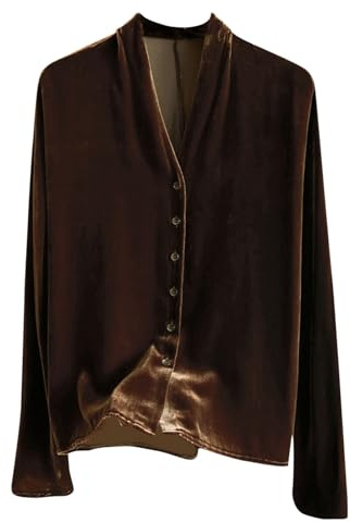 Chemises en velours pour femme - Style rétro - Manches longues - Col en V - Manches longues - Coupe droite - Élégante fête, soirée, mariage