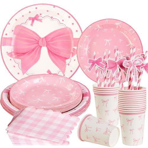 SUNBEAUTY Bow Decorations, Bow Party Tableware Set Pink, Afternoon Tea Birthday Party Decor for Girl Party Plates Cups Napkins Bow Birthday Party Supplies for Baby Shower Wedding Serves 16 Guests