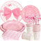 SUNBEAUTY Bow Decorations, Bow Party Tableware Set Pink, Afternoon Tea Birthday Party Decor for Girl Party Plates Cups Napkins Bow Birthday Party Supplies for Baby Shower Wedding Serves 16 Guests