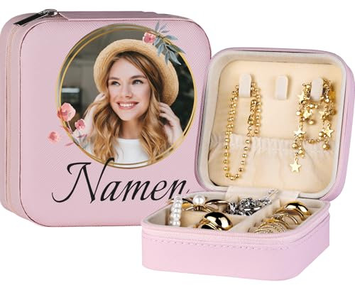 loongway Reise Schmuckkästchen Kleine Schmuckschatulle Personalisierbar mit Foto und Name Schmuckorganizer für Ringe Ohrringe Halskette Geschenk für Frauen und Mädchen