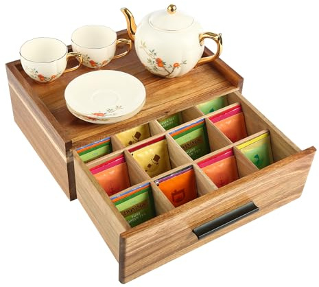 Acacia Wood Tea Bag Organizer, Tea Box Organiser (12-Compartment)