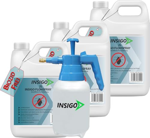 INSIGO Flohspray für Wohnung und Möbel 6L + 2L Drucksprüher - Abwehrspray gegen Flöhe mit Sofortschutz - Floh-Spray für Hunde und Katzen - Flohmittel hochwirksam & laborgeprüft