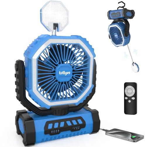 Ventilador de Camping de Sobremesa con Luz, 20000mAh Ventilador Portátil Recargable con Mando a Distancia y 360 ° Gancho Giratorio, 4 Velocidades Para Interior, Viajar, Tienda de Campaña, Pesca (Azul)