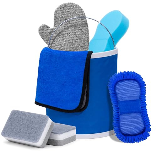 AUTODECO Boat Wash Cleaning Kit with Collapsible Bucket Boat Scrubbing Brush Glove Boat Scuff Sponge Microfiber Towel Complete Interior Exterior Fiberglass Boat Hull Cleaning Set for Boat
