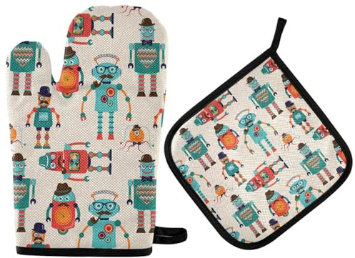 Vftphvr Oven Mitts Pot Holders Sets, Potholder Hot Pads Heat Resistant Kitchen Oven Gloves for Cooking Baking Microwave Grill Print Vintage Cartoon Hipster Robots