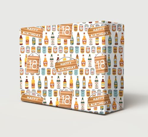 Geschenkpapier zum 18. Geburtstag, Bierdose, Lagerflasche, Pint-Glas, Geschenkpapier, Alter 18. Geburtstag, lustig, Bierliebhaber, männliche Geschenkpapier (PA)