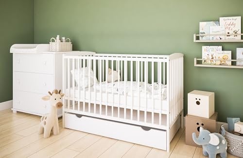 ZEE - Babybett Wickelkommode, Kinderbett 2w1 Bett Grześ - Dreistufige Einstellung für Nicht Sitzendes, Sitzendes und Stehendes Kind - mit Schublade - Set mit Wickeltisch Classic, Weiß