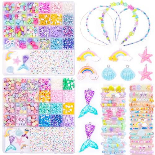 MiuCo Spielzeug ab 5 Jahre Mädchen, Perlen Set für Kinder Schmuck Basteln, Kreative Geschenke für 6 7 8 Jahre Mädchen Eignen Sich für Kindergeburtstag, Weihnachten - Kinderschmuck (2 Kartons)