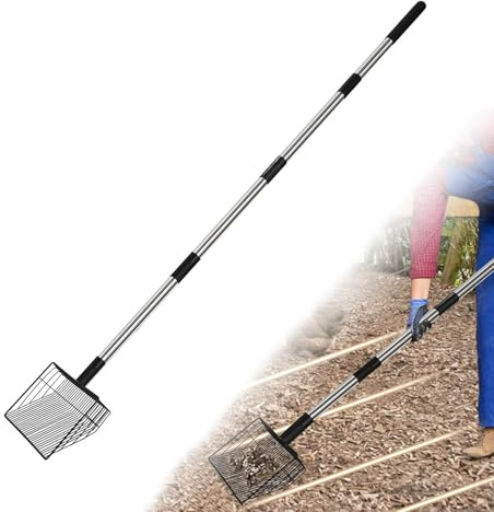 Hühnerkotschaufel für Hühnerstall, robuste Stallreinigung Schaufel mit Teleskopgriff 52-142 cm, langlebige Siebschaufel aus Metall für Geflügelhaltung, effizientes Entfernen von Hühnerkot und Streu