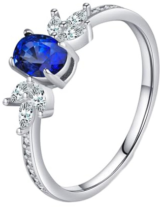 Verlobungsring Frau, Verlobungsring Damen Weißgold 9K Vintage-Blatt mit Blau Ovalschliff im Labor Hergestellter Saphir Größe 53 (16.9)