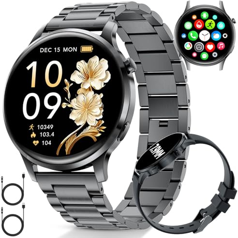 SUNKTA Smartwatch Damen mit Telefonfunktion 7,9mm Dünn 1.32 AMOLED Elegant Edelstahl Smart Watch Frauen für Android iOS,Herzfrequenz,Schlafmonitor,Menstruationszyklus,100+ Sportmodi,Schwarz