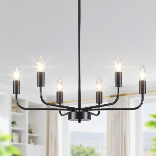 Schwarz Kronleuchter 6 Flammig, Höhenverstellbar, Vintage Hängelampe, E14 | Deckenlampe Schwarz mit Verstellbarer Lichtmast, MAX 60W, 220V, Für Wohnzimmerlampe, Schlafzimmer Esszimmer Küche Flur