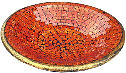 GURU SHOP Runde Mosaikschale, Untersetzer, Dekoschale, Handgearbeitete Keramik & Glas Obst Schale - Design 1, Orange, Größe: Groß (Ø 42 Cm), Schalen