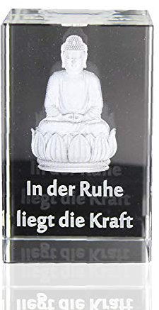 VIP-LASER 3D Glaskristall Quader XL 3D Buddha mit Text In der Ruhe liegt die Kraft graviert