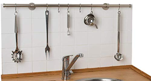 InCasa Küchenutensilienhalter Ø 20 mm, L. 100 cm. gebürsteter Edelstahl – mit Haken