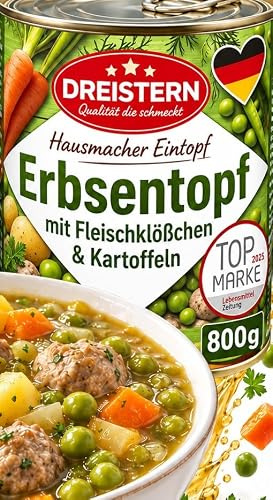DREISTERN Erbseneintopf 400g – Hausmacher Eintopf mit Fleischklößchen | Mit Kartoffeln & Erbsen – Hergestellt in Brandenburg – Ohne künstliche Zusätze – Herzhaft & deftig - Recyclierbare Dose