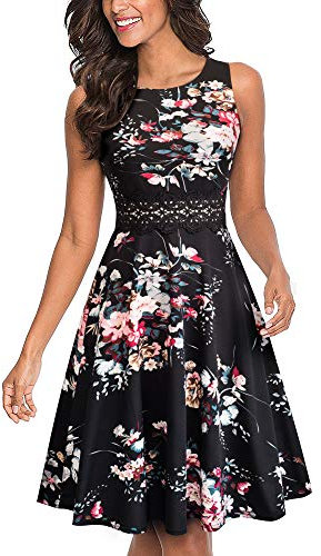 HOMEYEE Robe de Cocktail au Genou brodée Florale sans Manches à col Ras du Cou pour Femme UKA079 (EU 44 = Size XXL, Noir + Floral)