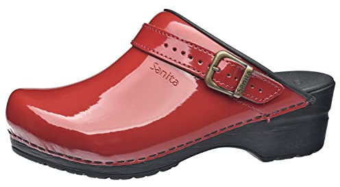 Sanita | Freya offener Clog | Original handgemacht | Flexible Leder-Clogs für Damen | Anatomisch geformtes Fußbett mit weichem Schaum | Verstellbarer Fersenriemen | Rot | 36 EU